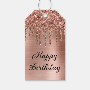 Rose Gold Glitter Drips Foil Happy Birthday Gift Tags