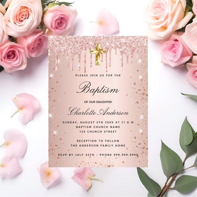 Rose gold glitter drips girl baptism invitation postcard (Creator Uploaded)