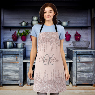 Rose gold glitter drips girly monogram name apron