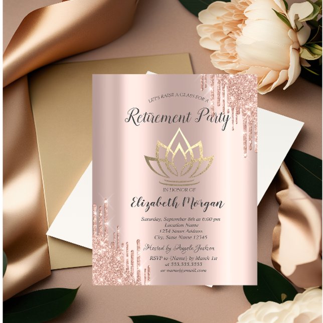 Rose Gold Glitter Drips Gold Lotus Retirement Invitation (Creator Uploaded)