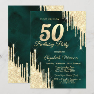 Rose Gold Glitter Drips Green 50th Birthday Party  Invitation