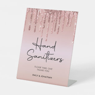 Rose Gold Glitter Drips Hand Sanitizer Wedding Pedestal Sign