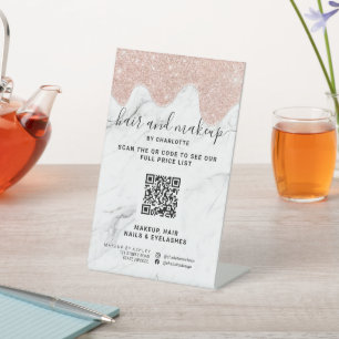 Rose gold glitter drips makeup marble QR price Pedestal Sign