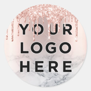 Rose Gold Glitter Drips Marble Business Logo Classic Round Sticker