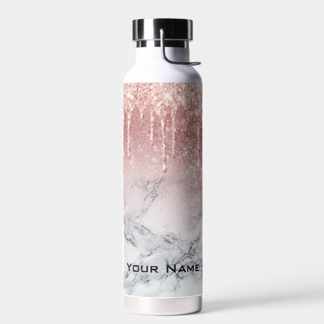 Rose Gold Glitter Drips Marble Custom Name Water Bottle (Left)
