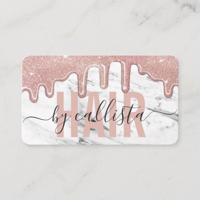 Rose Gold Glitter Drips Marble Hair Stylist Business Card (Front)