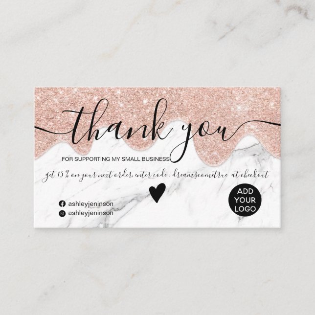 Rose gold glitter drips marble order thank you business card (Front)