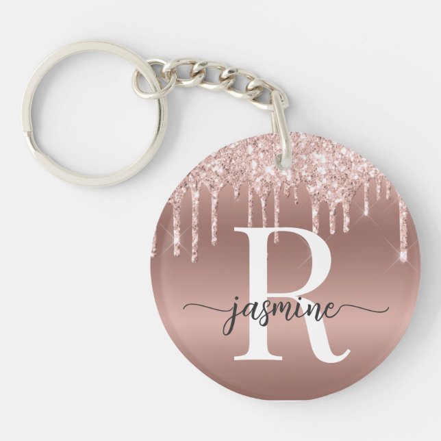 Rose Gold Glitter Drips Metal Girly Monogrammed Key Ring (Front)