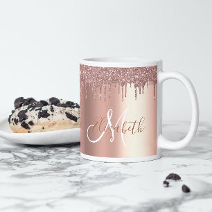 Rose Gold Glitter Drips Metal Monogram Coffee Mug