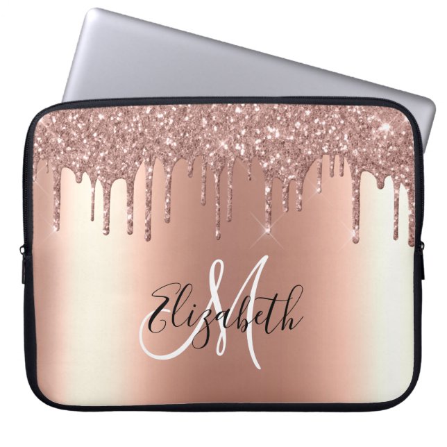 Rose Gold Glitter Drips Metal  Monogram Trendy  Laptop Sleeve (Front)