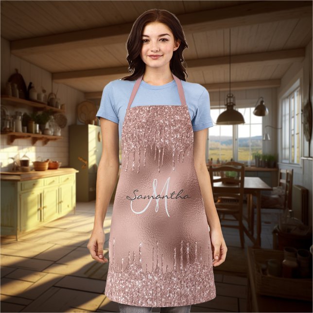 Rose Gold Glitter Drips Metallic Foil Personalised Apron (Creator Uploaded)
