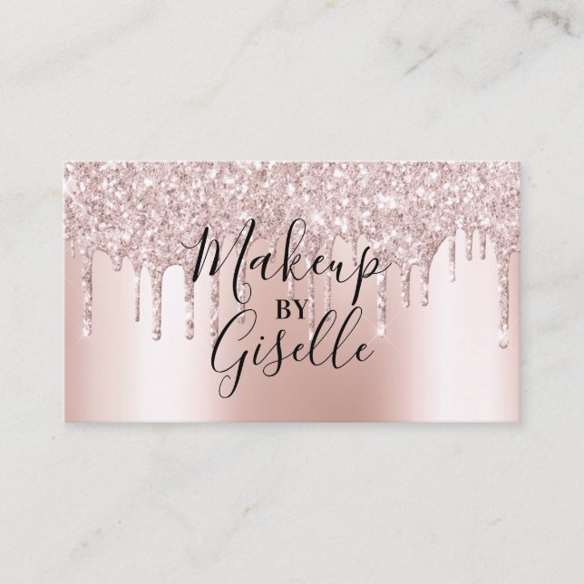 Rose gold glitter drips metallic makeup hair salon business card (Front)