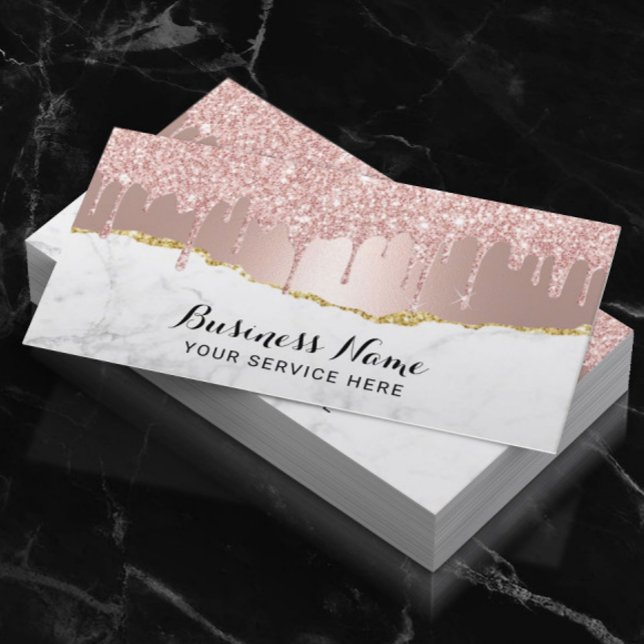 Rose Gold Glitter Drips Modern Marble Beauty Salon Business Card (Creator Uploaded)