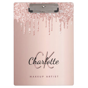 Rose gold glitter drips monogram business clipboard