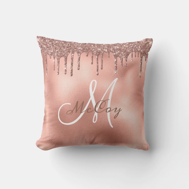 Rose Gold Glitter Drips Monogram Family Name Cushion (Front)