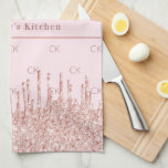 Rose gold glitter drips monogram initials name tea towel<br><div class="desc">A rose gold background. Decorated with faux glitter drips,  paint dripping look. Personalise and add your own text and monogram initials,  rose gold coloured letters.  Your monogram as background pattern.</div>