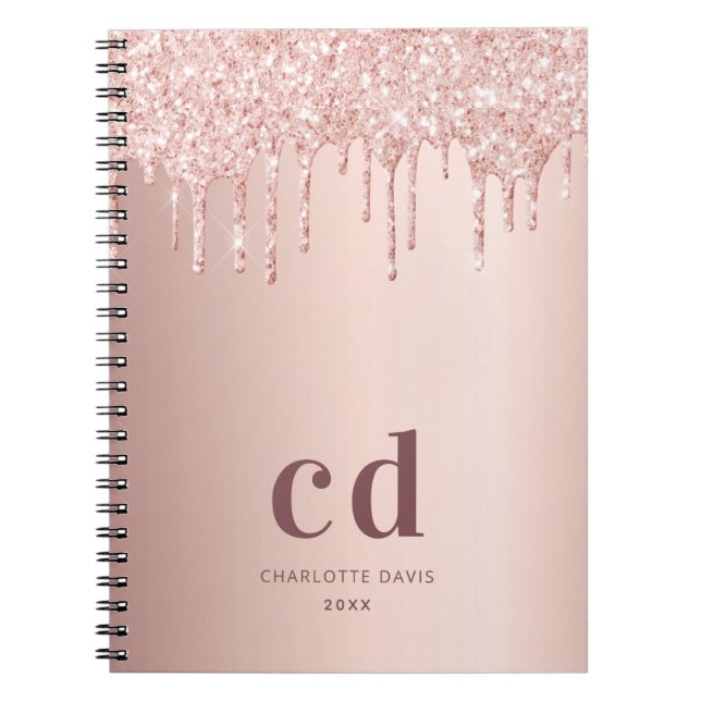 Rose gold glitter drips monogram initials notebook (Front)