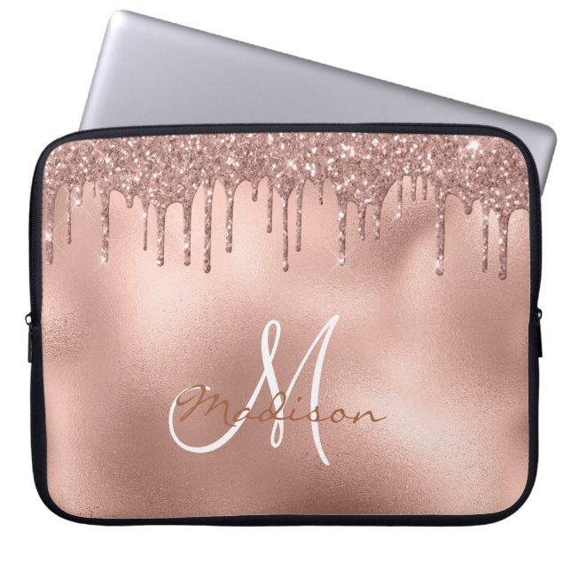 Rose Gold Glitter Drips Monogram Laptop Sleeve (Front)