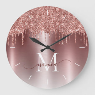 Rose Gold Glitter Drips Monogram Metallic Large Clock