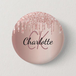 Rose gold glitter drips monogram name 6 cm round badge