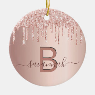 Rose gold glitter drips monogram name ceramic ornament