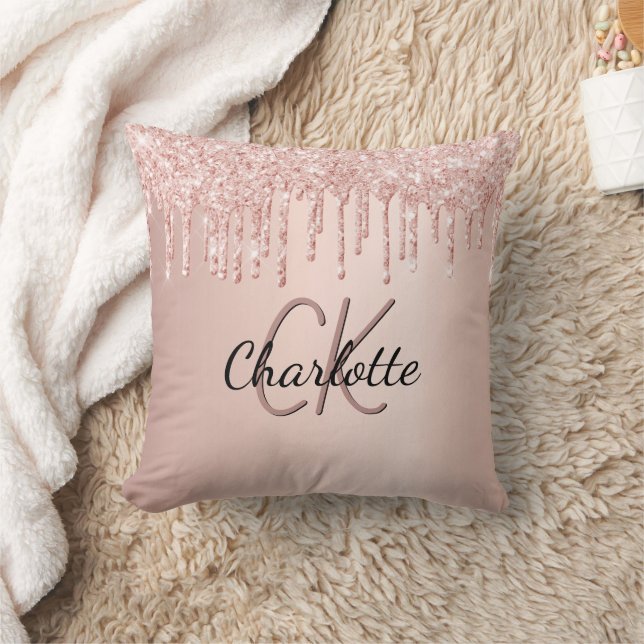 Rose gold glitter drips monogram name  cushion (Blanket)