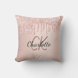 Rose gold glitter drips monogram name cushion