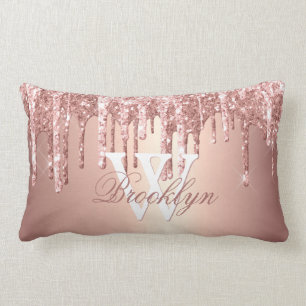Rose Gold Glitter Drips Monogram Name  Lumbar Cushion