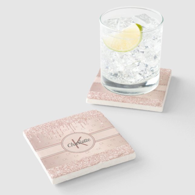 Rose gold glitter drips monogram name stone coaster (Side)