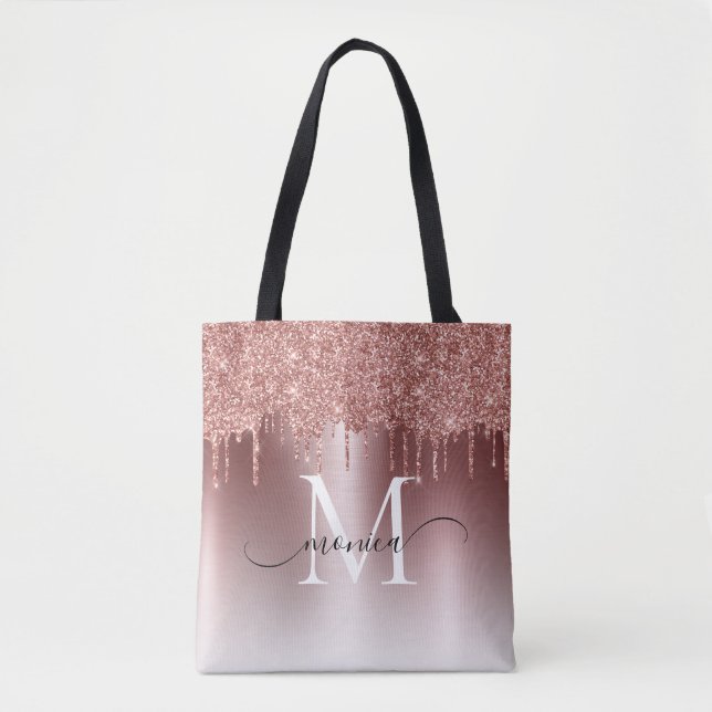 Rose Gold Glitter Drips Monogram Name Tote Bag (Front)