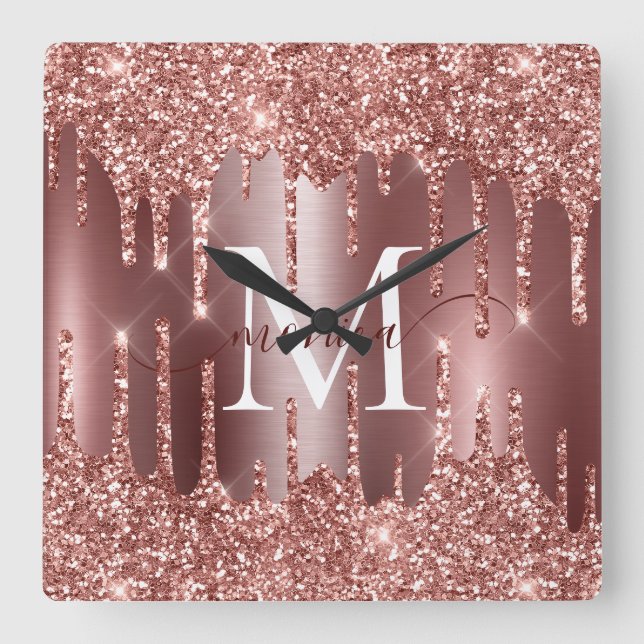 Rose Gold Glitter Drips Monogram Personalized Square Wall Clock (Front)