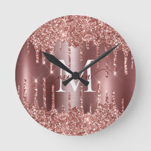 Rose Gold Glitter Drips Monogram Personalized Wall Round Clock