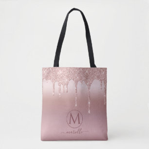Rose Gold Glitter Drips Monogram Tote Bag