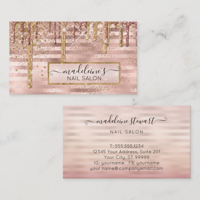 Rose Gold Glitter Drips Nail Salon Professional Business Card (Front/Back)