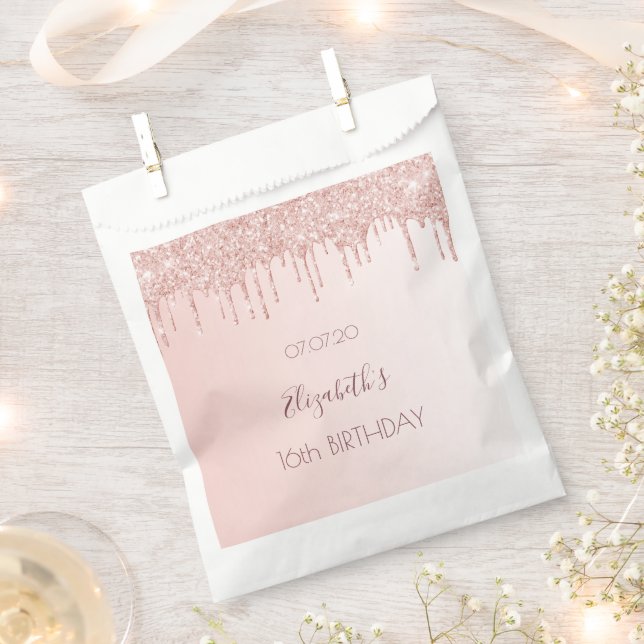 Rose gold glitter drips name Sweet 16 Favour Bag (Clipped)