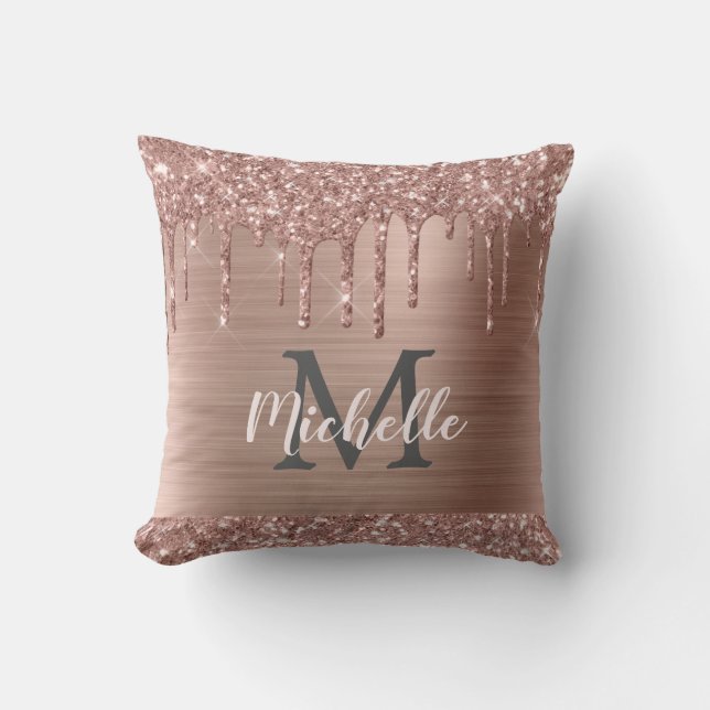 Rose Gold Glitter Drips on Pink Metal Monogrammed Cushion (Front)