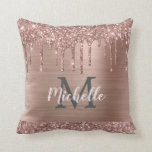 Rose Gold Glitter Drips on Pink Metal Monogrammed Cushion<br><div class="desc">Modern, girly rose gold glitter drips personalised name and monogrammed pillow. This design features pastel blush pink rose gold glitter sparkle drips on pink brushed metal background with custom personalised monogram initial and first name text template. Perfect feminine, girly gift. Please note, this design is printed photo effect. If you...</div>