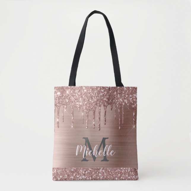 Rose Gold Glitter Drips on Pink Metal Monogrammed Tote Bag (Front)