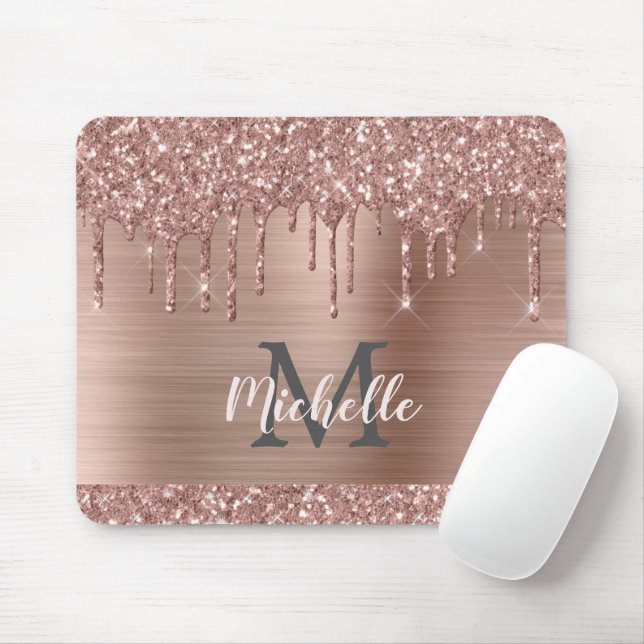 Rose Gold Glitter Drips on Pink Metal Name Mouse Pad (With Mouse)