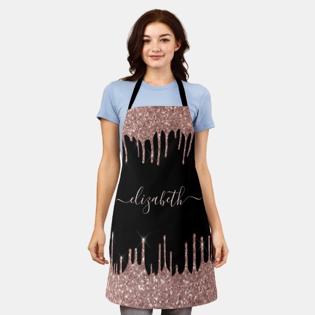 Rose Gold Glitter Drips Personalised Black Apron (Worn)
