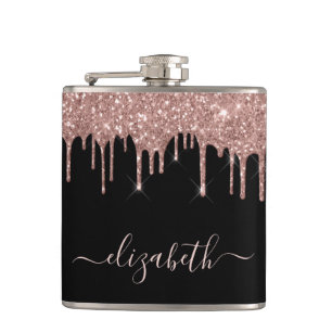 Rose Gold Glitter Drips Personalised Black Hip Flask