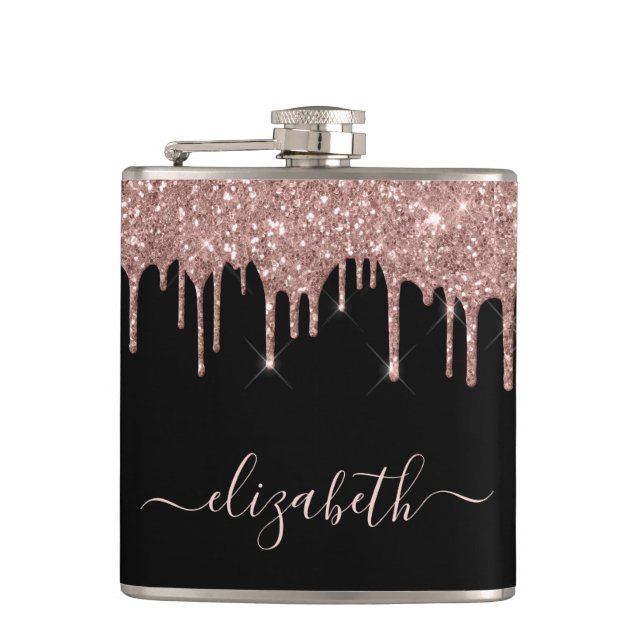 Rose Gold Glitter Drips Personalised Black Hip Flask (Front)