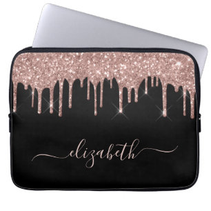 Rose Gold Glitter Drips Personalised Black Laptop Sleeve