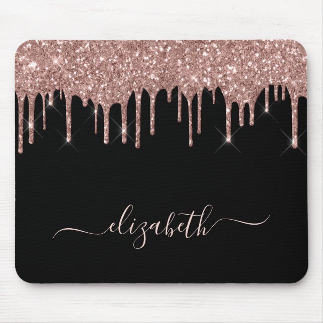 Rose Gold Glitter Drips Personalised Black Mouse Pad (Front)
