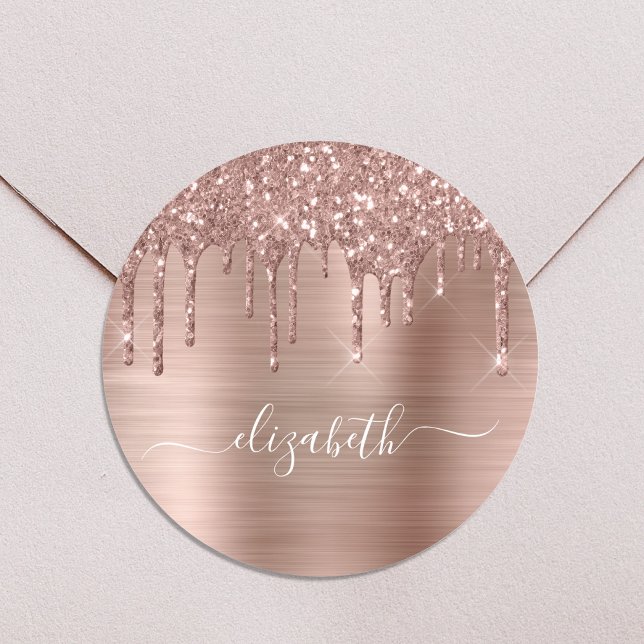 Rose Gold Glitter Drips Personalised Classic Round Sticker (Creator Uploaded)