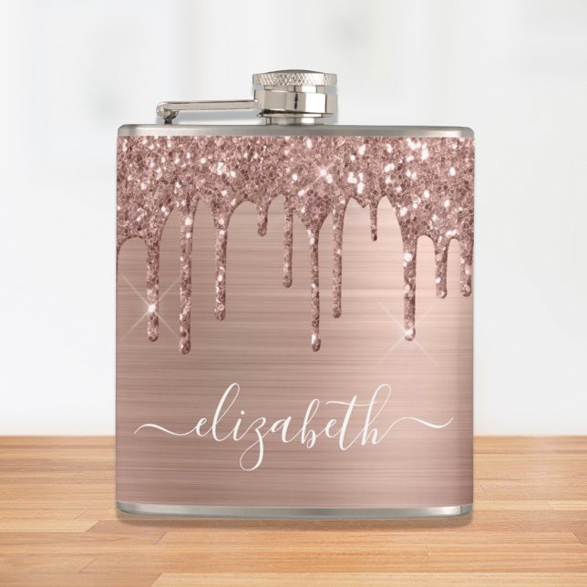 Rose Gold Glitter Drips Personalised Hip Flask (Creator Uploaded)