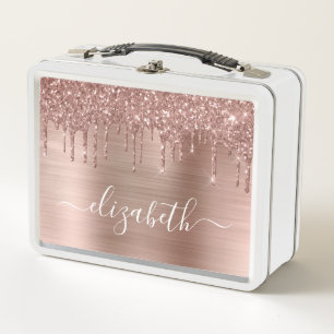 Rose Gold Glitter Drips Personalised Metal Lunch Box