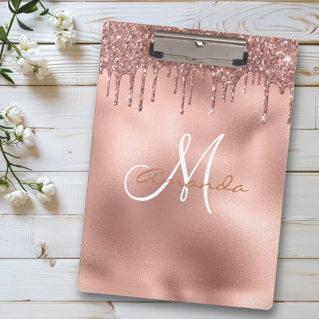Rose Gold Glitter Drips Personalised Monogram  Clipboard (Creator Uploaded)