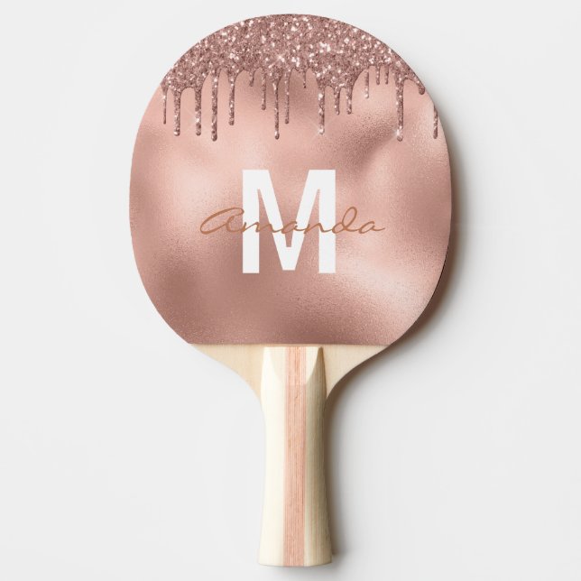 Rose Gold Glitter Drips Personalised Monogram Ping Pong Paddle (Front)