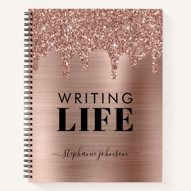 Rose Gold Glitter Drips Personalised Writers  Notebook (Front)